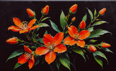 Poster - A painting of a bouquet of red flowers on a black background. The flowers are in full bloom and are arranged in a way that makes them look like they are growing out of the canvas. The painting has a