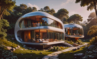Poster - A large, modern house with a lot of glass windows and a large yard. The house is surrounded by trees and rocks, giving it a natural and serene atmosphere