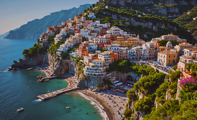 Poster - A beautiful beach town with a lot of houses and a lot of people. The beach is crowded with people and there are boats in the water