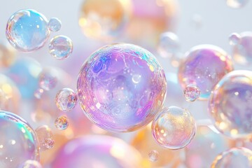 Poster - Colorful bubbles suspended in soft light create a whimsical and dreamy atmosphere during a bright and cheerful afternoon