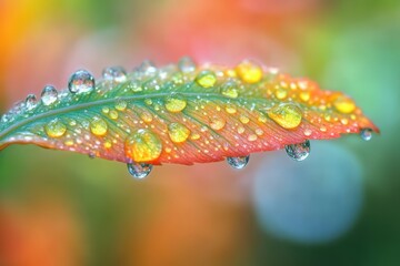 Poster - Water droplets glisten on vibrant green leaves against a warm, blurred background during a tranquil evening