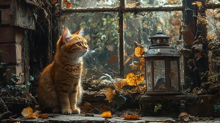 Wall Mural - Ginger kitten by autumn window, garden view