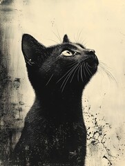 Wall Mural - Black cat looking up, sepia toned, textured background, pet portrait