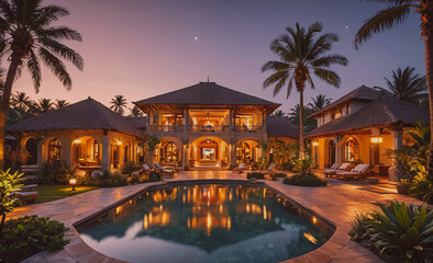 Fototapete - A large house with a pool and a large yard. The pool is lit up at night. The house is surrounded by palm trees