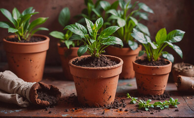 Poster - Four potted plants sit on a wooden table, each with a different type of plant. The plants are surrounded by soil and some herbs, giving the impression of a small garden. The table is covered in dirt