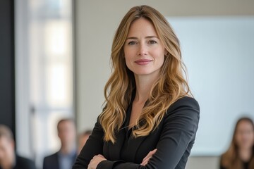 Poster - Professional woman speaking during a corporate meeting in a modern office with a focused audience looking on