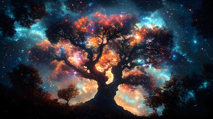 Wall Mural - huge trees of life blend with psychedelic colored galaxies with stars, galaxy clouds 3d generative a