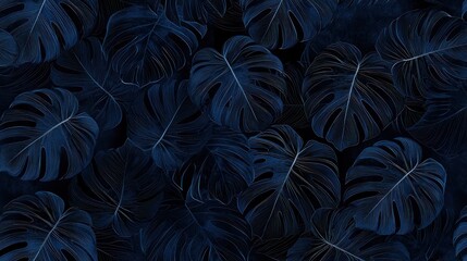  Midnight Bloom: A Dark Navy Blue Monstera Leaf Pattern
