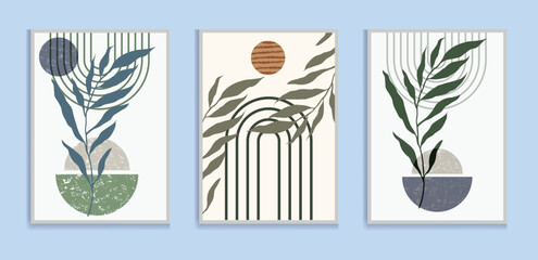 Wall Mural - modern green boho wall art set posters abstract boho rainbow prints boho artwork mid century vector