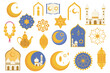 © alexdndz - Ramadan Kareem set in flat graphic design. Collection elements of crescent moon, star, candle, koran book, mosque, flowers, teapot, windows, lanterns, other islam holiday signs. Vector illustration.