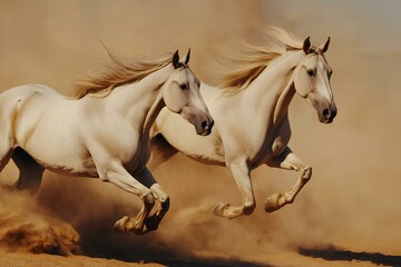 Naklejka na meble two grey horses galloping from left to right. Lots of brown dust rising to the sky
