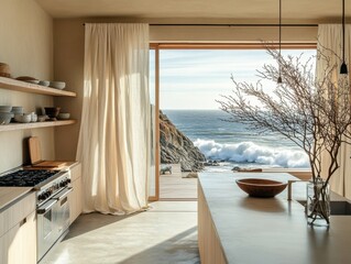 Wall Mural - A kitchen with a window that looks out to the ocean. A vase with flowers sits on the counter