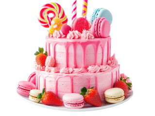 Wall Mural - Isolated pink layered cake with lollipops