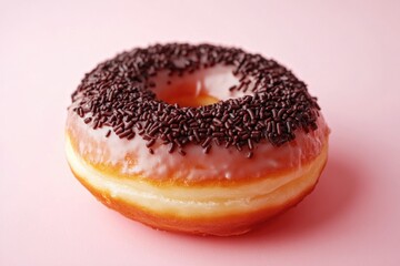 Sticker - A delicious donut with chocolate sprinkles on a pink surface, perfect for food photography or desserts