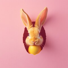 Wall Mural - Easter bunny peeking through hole, holding egg, pink background; holiday card