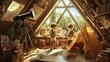 © BROTHER - Two caucasian children exploring maps in attic with telescope and yellow tent
