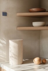 Wall Mural - A white pillar with a blue switch on it. A bowl is on a shelf