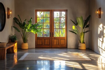 Fototapete - Modern entryway with large windows, wooden stairs, and greenery provides a bright welcome in a spacious home