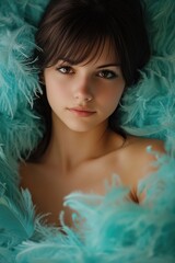 Young woman relaxing on a pile of blue feathers