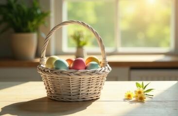 Wall Mural - A wicker basket with colored eggs on the background of a bright window. Tradition and culture. A public holiday . Easter. Colored eggs