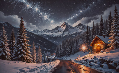 Poster - A snowy mountain landscape with a cabin in the foreground. The cabin is lit up with lights, creating a warm and cozy atmosphere. The scene is peaceful and serene, with the mountains in the background