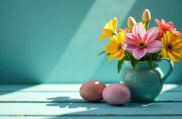 Wall Mural - Colored eggs with flowers in a vase. Tradition and culture. A public holiday . Easter. Colored eggs