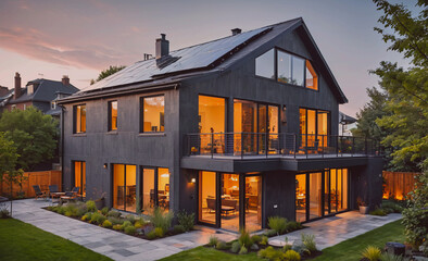 Poster - A large house with a lot of windows and a balcony. The house is surrounded by a lush green lawn and a garden. The house has a modern and elegant design, with a lot of natural light coming in through