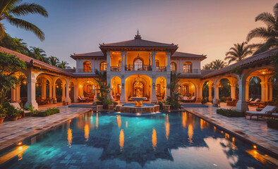 Poster - A large house with a pool and a fountain. The pool is lit up at night. The house is surrounded by palm trees
