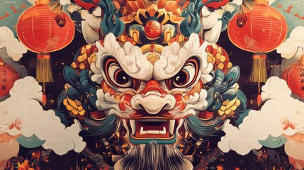 Wall Mural - A detailed Chinese New Year poster design showcasing traditional elements like firecrackers, lanterns, and a zodiac animal