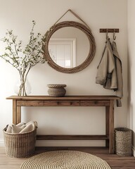 Wall Mural - A charming entryway with a wooden console table, a decorative vase with fresh flowers, and a round mirror hanging on the wall