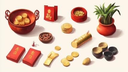 Wall Mural - A collection of traditional prosperity symbols for Chinese New Year, including gold ingots, red envelopes, and lucky coins