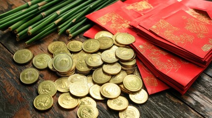 Wall Mural - A vibrant arrangement of prosperity symbols such as lucky bamboo, gold coins, and red envelopes for the Lunar New Year