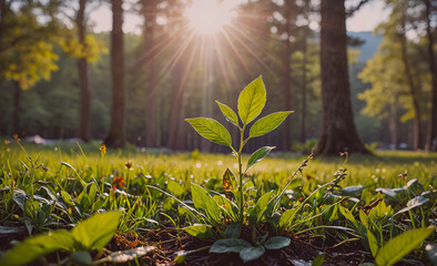 Poster - A small plant is growing in a field of grass. The sun is shining brightly on the plant, making it look healthy and vibrant. The scene is peaceful and serene, with the natural beauty of the plant