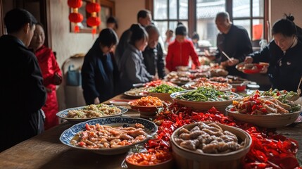 Wall Mural - A traditional spring festival celebration with families gathering around a table filled with delicious food and red decorations