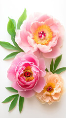 Wall Mural - Vibrant Pink and Peach Paper Flowers with Green Leaves on White Background