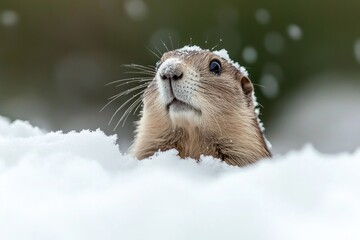 Wall Mural - A small mammal looks up from snowy terrain