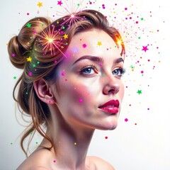 Mardi Gras background with A woman with a colorful hair style and a bright red lipstick. She is wearing a sparkly hair accessory