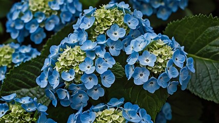 Sticker - Stunning blue hydrangeas, macro photography, vibrant colors, soft focus, lush green leaves,