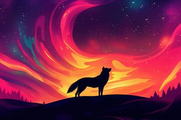 Naklejka na meble Silhouetted wolf howling beneath a vibrant aurora borealis