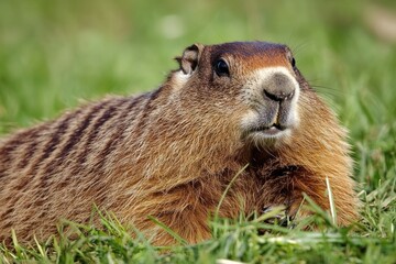 a brown and black animal is lying in the grass, its fur blending with the surroundings