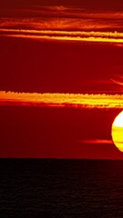 Wall Mural - Vertical View Of Moon Rises Fiery Red Horizon At Summer Sunset. Timelapse