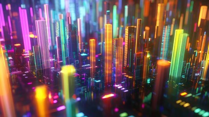 Aufkleber - Futuristic digital data visualization with colorful bar charts and graphs showcasing financial analytics and market trends in a modern city environment