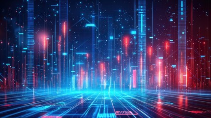 Fototapete - Futuristic Digital Abstract Background with Glowing Blue and Red Lines, Circuit Patterns, and Data Visualizations for Technology Concepts and Design Projects