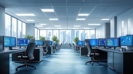 Fototapete - Futuristic Office Environment With Multiple High-Tech Monitors, Data Displays and Workstations in a Spacious Corporate Setting