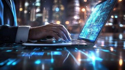 Poster - Professional businessman working on laptop in modern office with vibrant city lights at night, highlighting technology and innovation in urban environment