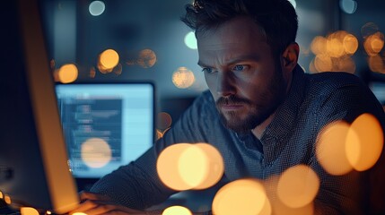 Fototapete - Focused male programmer working late at night on computer coding in modern office environment with bokeh lights and blurred technology background