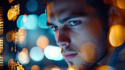 Fototapete - Focused male programmer working late at night on computer coding in modern office environment with bokeh lights and blurred technology background