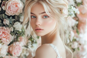 Wall Mural - Portrait of young woman standing among the flowering trees