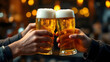 © Passionwith - Group of friends celebrating with beer glasses in hands, cheering, new year, party, birthday, event.