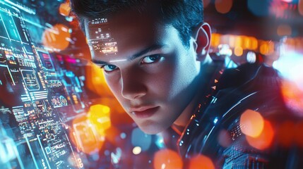 Aufkleber - A young man explores a futuristic digital interface, highlighting innovative technology and data connections in a vibrant, interactive environment. Ideal for tech-related